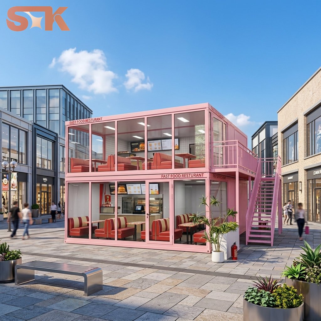 Two Story Pink Container Restaurant | Modular Pop-Up Fast Fo